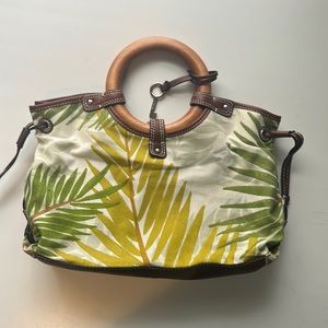 Fossil Canvas Palm Print Bag with Wooden Handles
